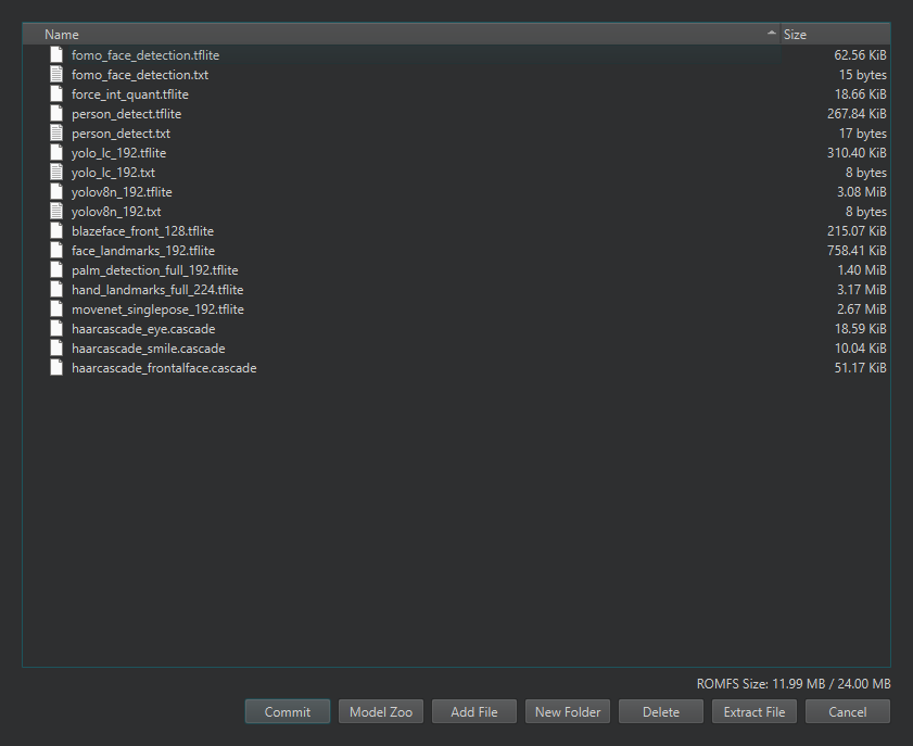 El diálogo Edit ROMFS: un árbol de archivos de modelos y archivos de etiquetas, la lectura de uso y los botones Commit, Model Zoo, Add File, New Folder, Delete y Extract File