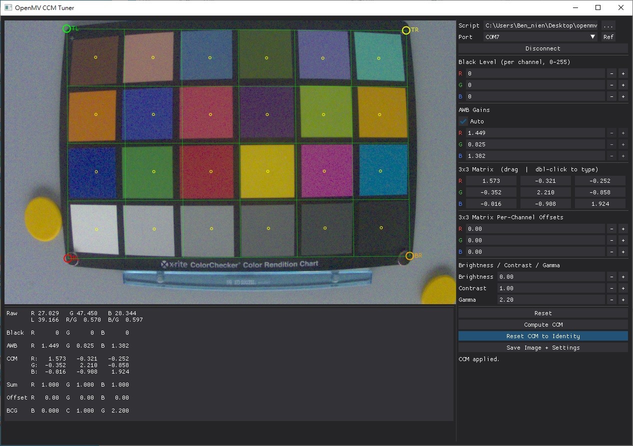 OpenMV N6からのライブのRAWベイヤー出力を、 カメラのISPパイプラインのソフトウェアレプリカと インタラクティブなカラー補正行列ソルバーと並べて 表示するCCMチューニングのデスクトップGUI。