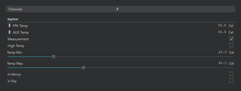 The Channels view showing a thermal camera script's controls channel: FPA and AUX temperature readouts with their unit, Measurement and High Temp toggles, Temp Min and Temp Max sliders, and H-Mirror and V-Flip toggles