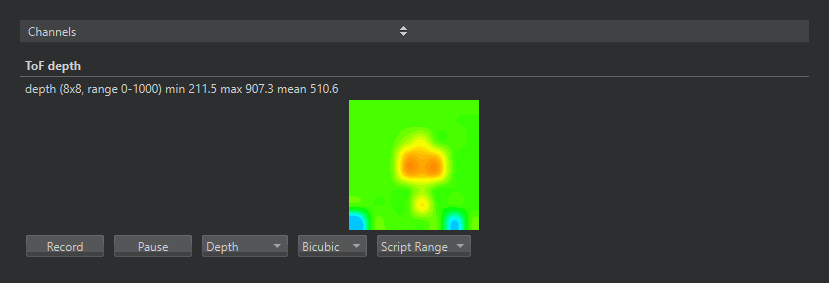 The Channels view showing an 8 x 8 time-of-flight depth map scaled up smoothly with the Depth palette, the palette, scaling, and tone-mapping selectors in its toolbar, and the header reporting the size, declared range, and the frame's minimum, maximum, and mean