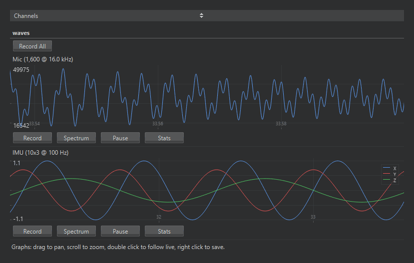 The Channels view with two waveform records scrolling live: a 16 kHz microphone trace and a three-series accelerometer trace with its X, Y, and Z legend, each with its Record, Spectrum, Pause, and Stats buttons