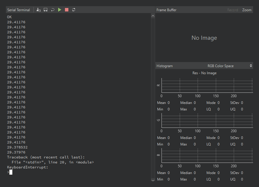A standalone terminal window: interactive terminal on the left with its toolbar, frame buffer and histogram on the right