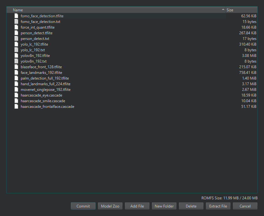 The Edit ROMFS dialog: a file tree of model and label files, the usage readout, and the Commit, Model Zoo, Add File, New Folder, Delete, and Extract File buttons