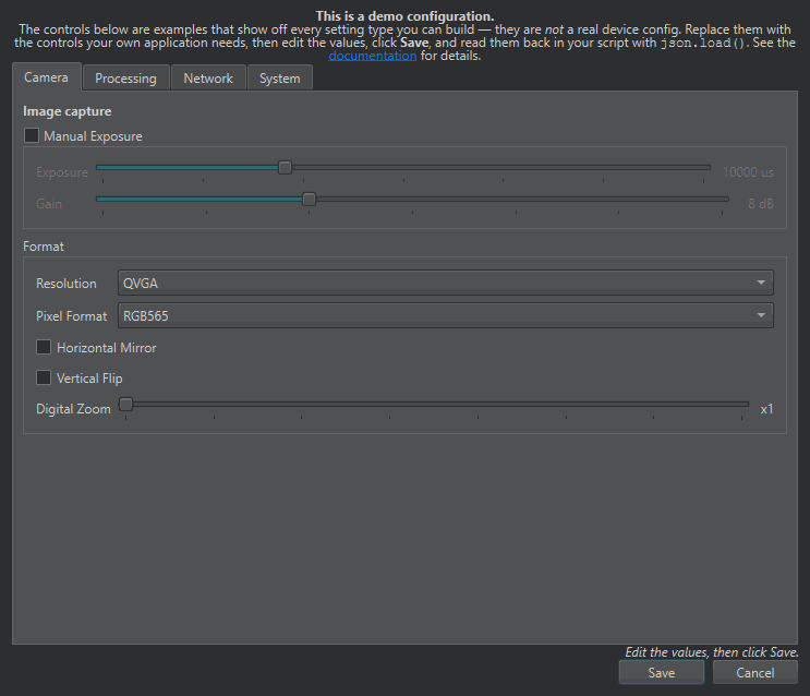 The OpenMV Cam Settings Editor showing the default demo configuration -- Camera, Processing, Network, and System tabs, with the Camera tab's exposure and gain sliders, resolution and pixel-format dropdowns, mirror and flip checkboxes, and a digital-zoom slider, above the Save and Cancel buttons