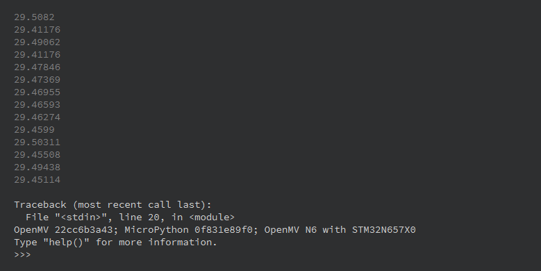 The serial terminal showing a script's FPS prints, the traceback that ended it, and the camera's banner