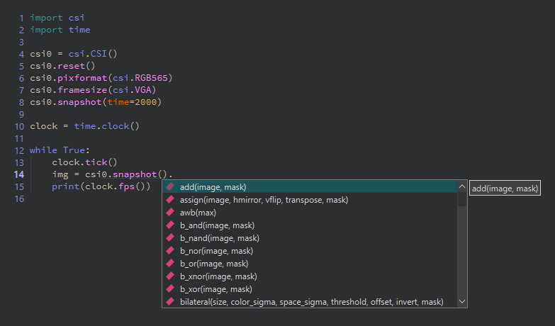 The editor's completion popup open after typing a dot, listing the image methods with their call signatures