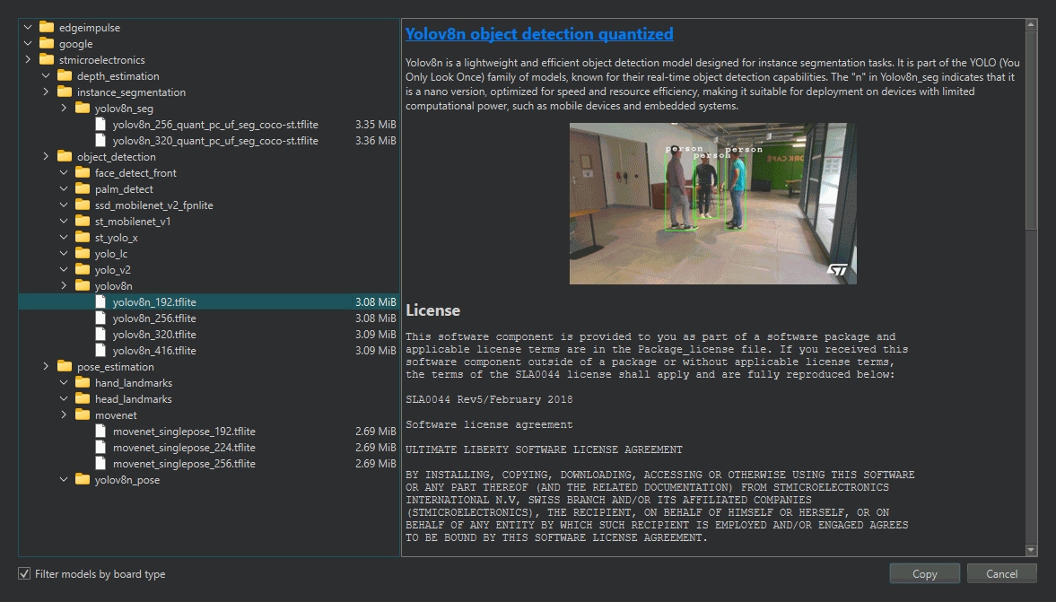 The Model Zoo browser: the model tree on the left with a model selected, its description page on the right, and the filter-by-board-type checkbox at the bottom