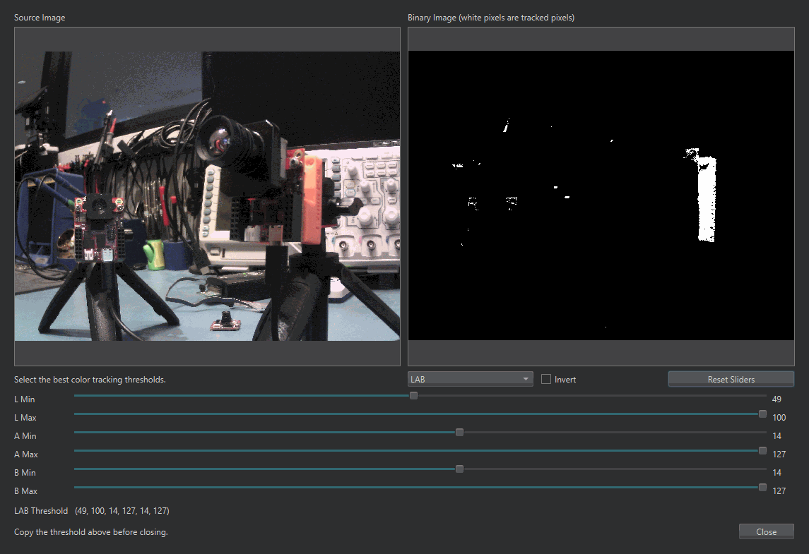The Threshold Editor tuning a LAB threshold: source image on the left, binary preview on the right with the target white, the six LAB sliders below, and the threshold tuple in the output field