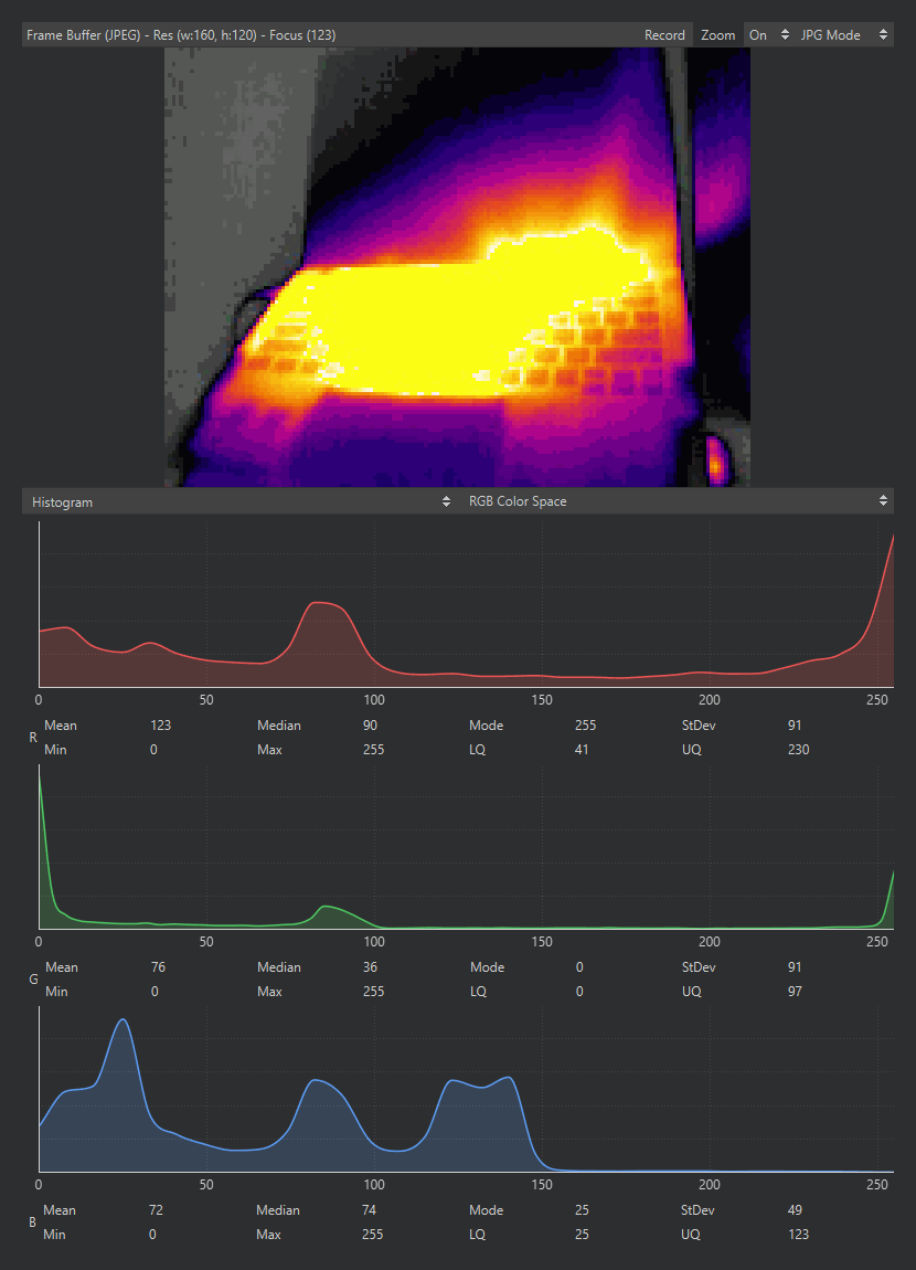 The frame buffer pane showing a live thermal image, its title reading Frame Buffer (JPEG) with the resolution and focus number, the Record and Zoom buttons and the source and streaming-mode selectors in the title bar, and the RGB histogram of the frame below