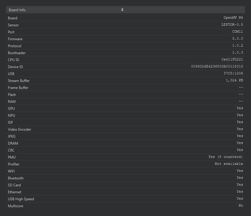 The Board Info view listing an OpenMV N6 with a Lepton sensor: board, sensor, port, firmware, protocol and bootloader versions, CPU and device ids, USB id, buffer sizes, and the yes / no capability rows